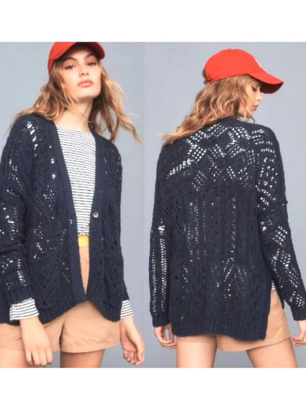 Anthropologie Pilcro Open Stitch Cardigan Knit Sweater Button Front Navy Blue XS